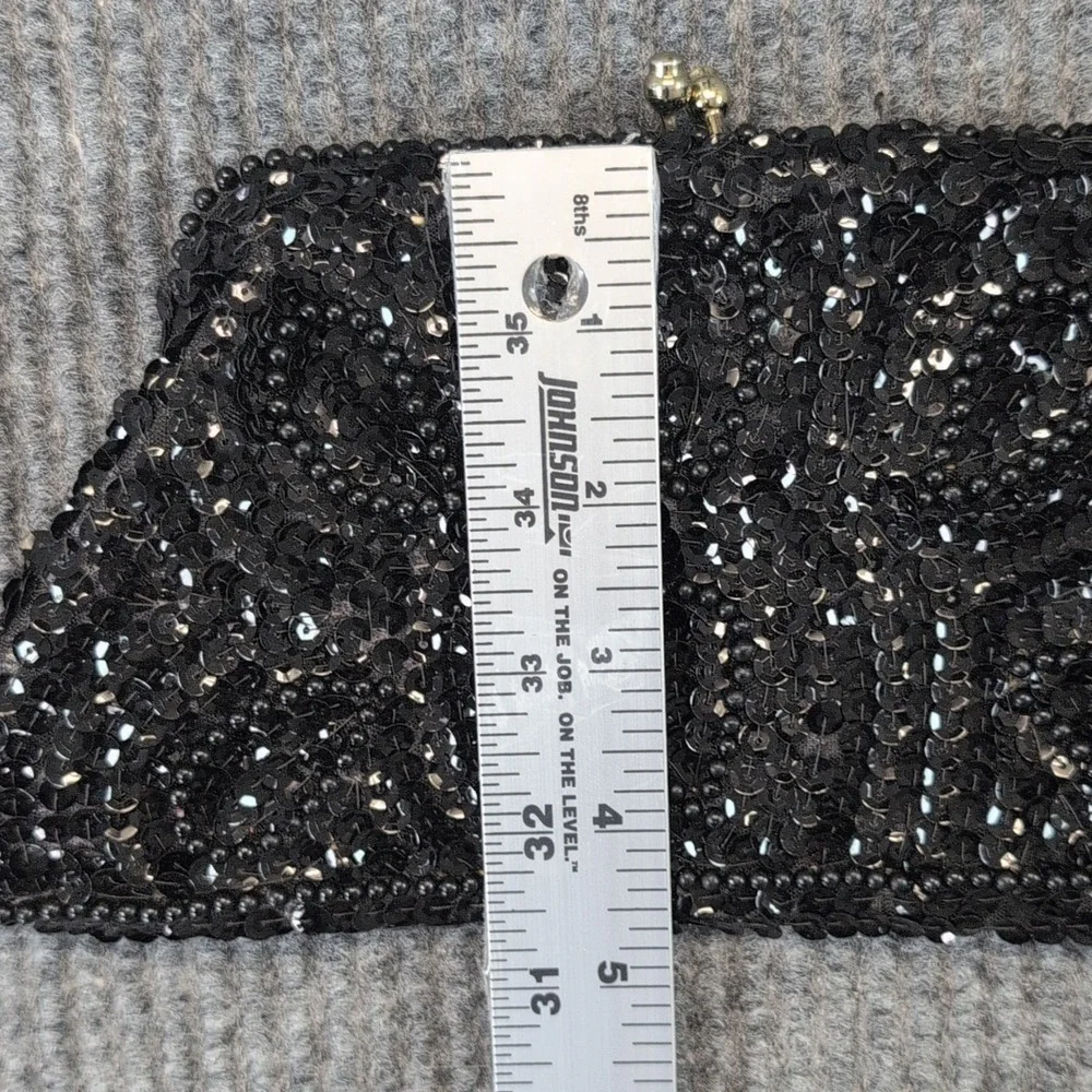 Vintage Black Beaded Sequin Kiss Lock Clutch Evening Bag Made in Japan